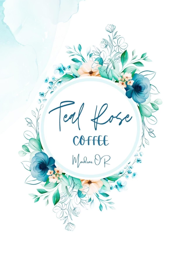 Get to know Teal Rose Coffee through its inviting logo, embodying the essence of a local family-run café.